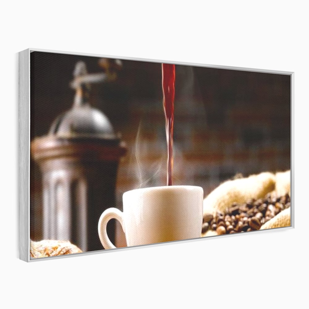 Tablou canvas cu tablou canvas cu ceasca de cafea si boabe, in rama de aluminiu argintiu